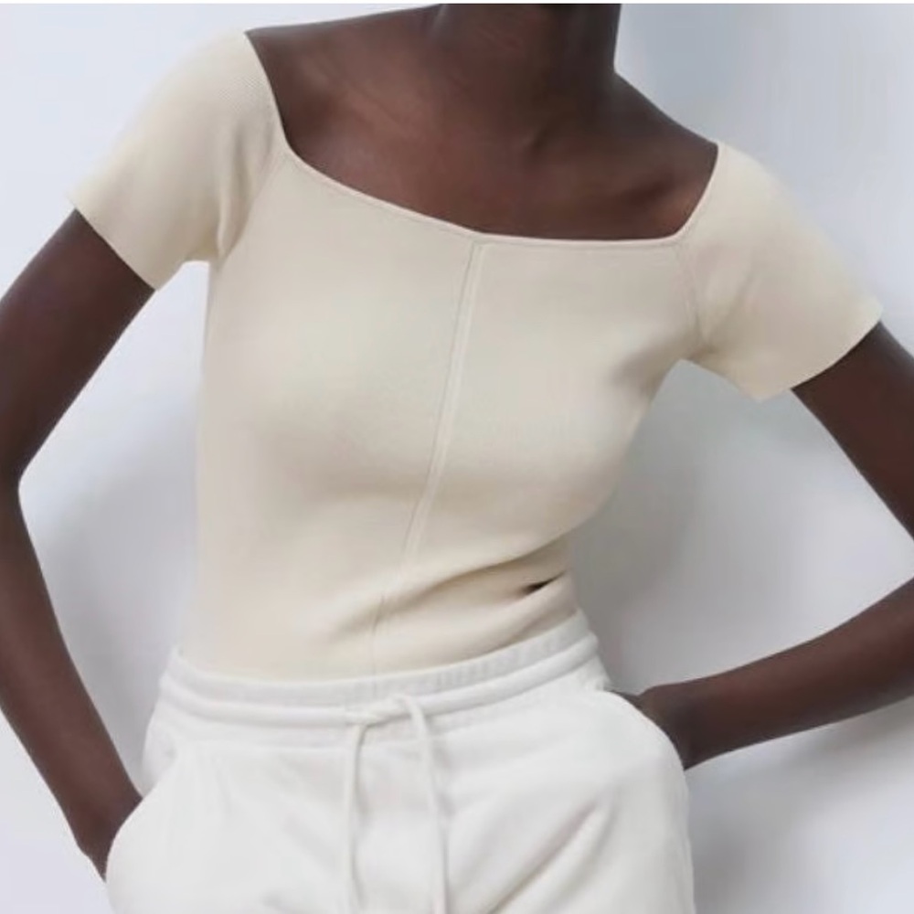 NWT Zara Short Sleeve Square Neck Bodysuit Beige Size Large